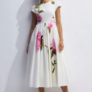 Sunfere Rose Floral White and Pink Midi Dress
